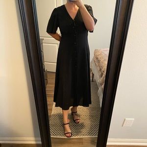 Black midi flutter sleeve button up dress